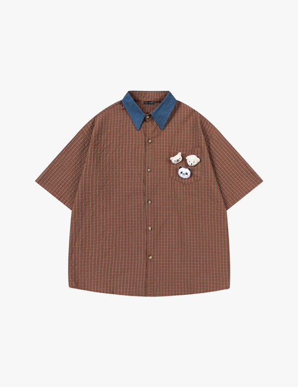Fullneat Vintage Bear Pocket Plaid Shirt - Orange Red