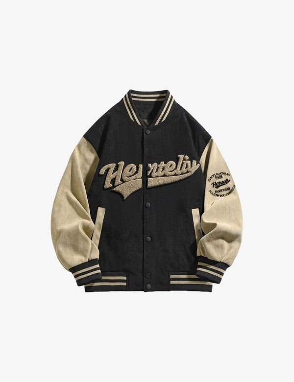 Fullneat Vintage Graphic Baseball Jacket - Black Front