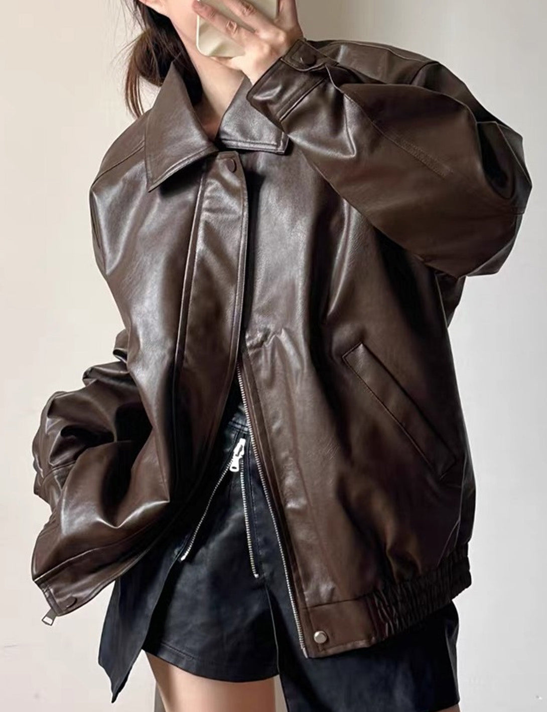 Fullneat Zip Up Ruched Leather Jacket Fullneat