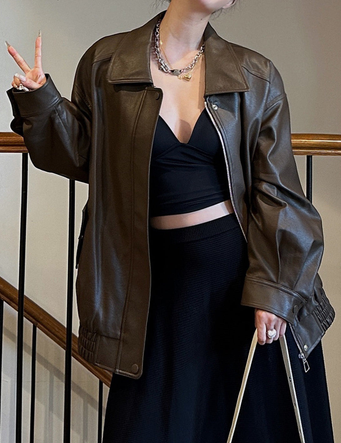Fullneat Zip Up Ruched Leather Jacket Fullneat