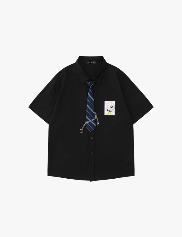 Fullneat Vintage Chained Neck Tie Shirt - Black