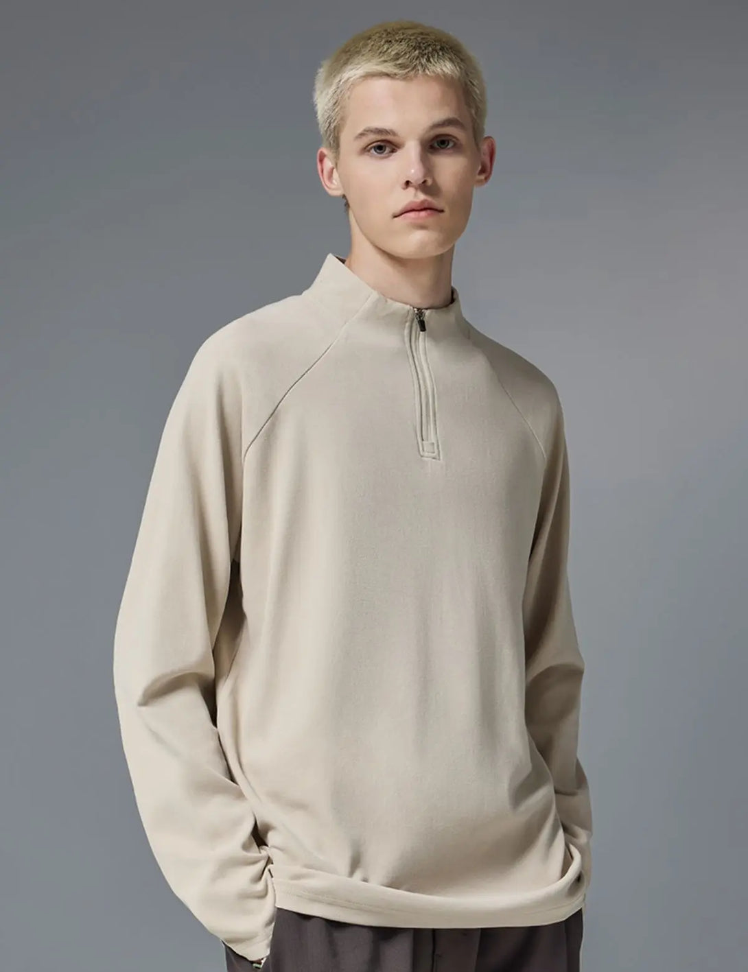 Fullneat Base Solid Half Zip Sweatshirts - Beige Model Shown
