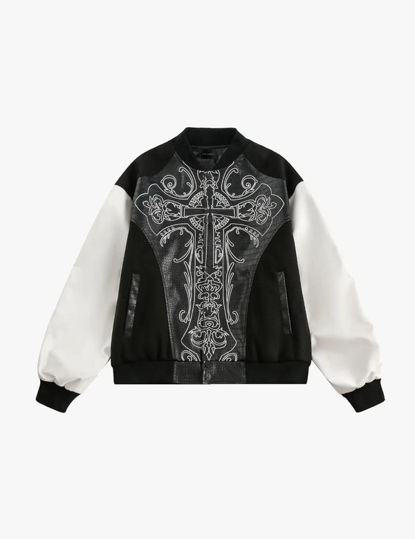 Fullneat Cross Embroidery Varsity Bomber Jacket 