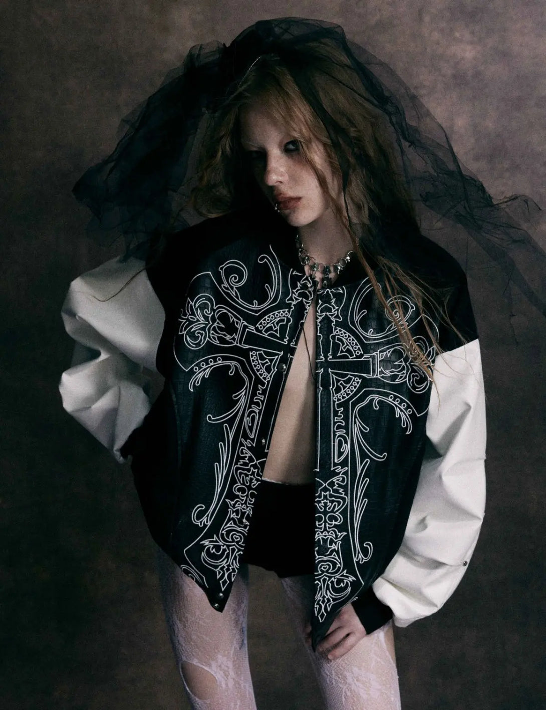 Fullneat Cross Embroidery Varsity Bomber Jacket 