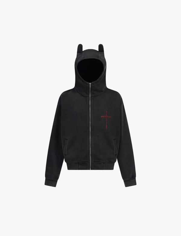 Fullneat Devil Horn Cross Embroidery Zip Hoodie 