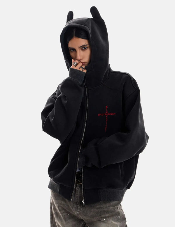 Fullneat Devil Horn Cross Embroidery Zip Hoodie 