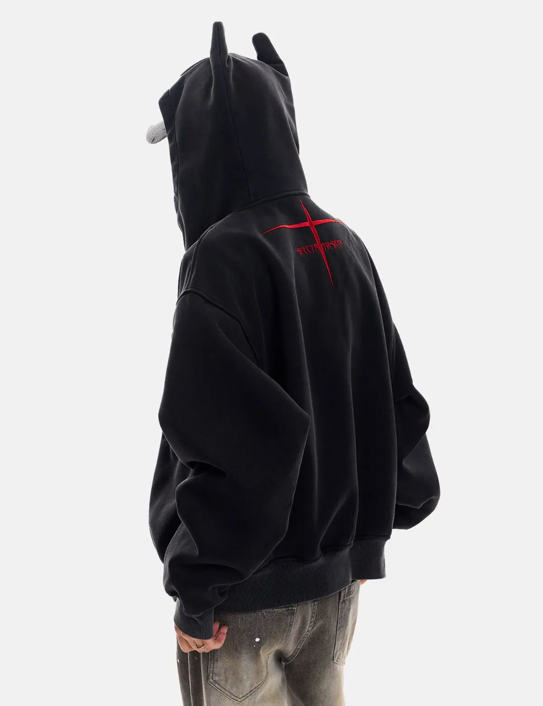 Fullneat Devil Horn Cross Embroidery Zip Hoodie 