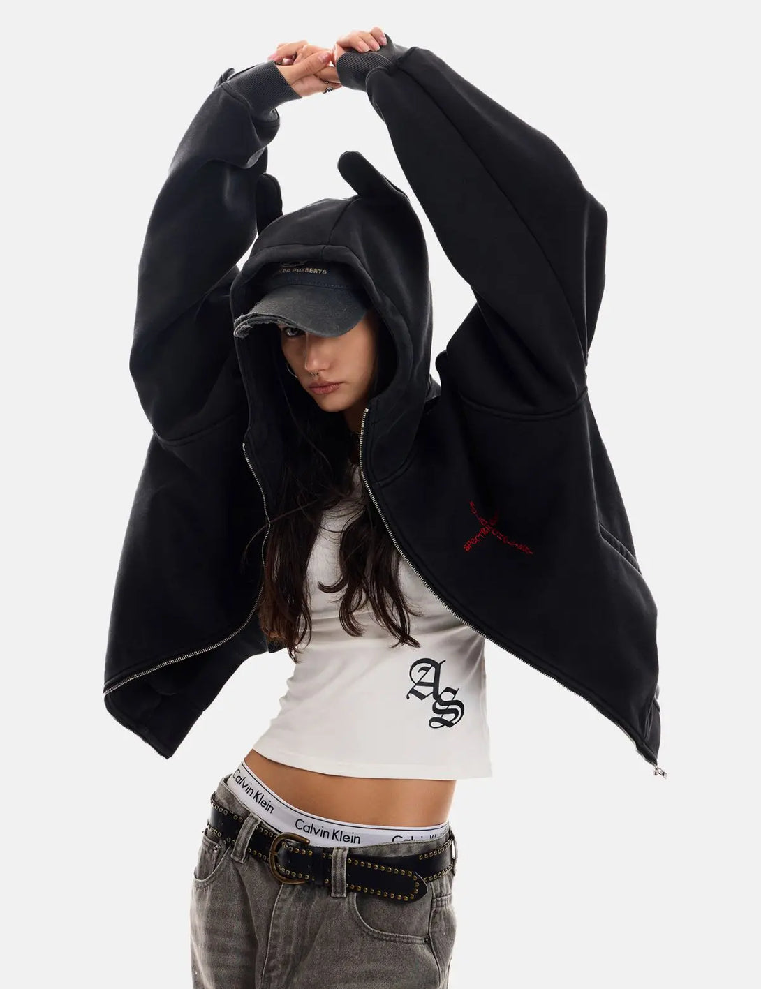 Fullneat Devil Horn Cross Embroidery Zip Hoodie 
