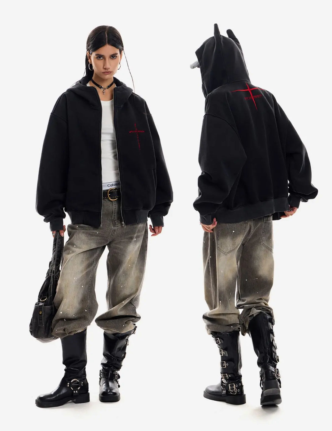 Fullneat Devil Horn Cross Embroidery Zip Hoodie 