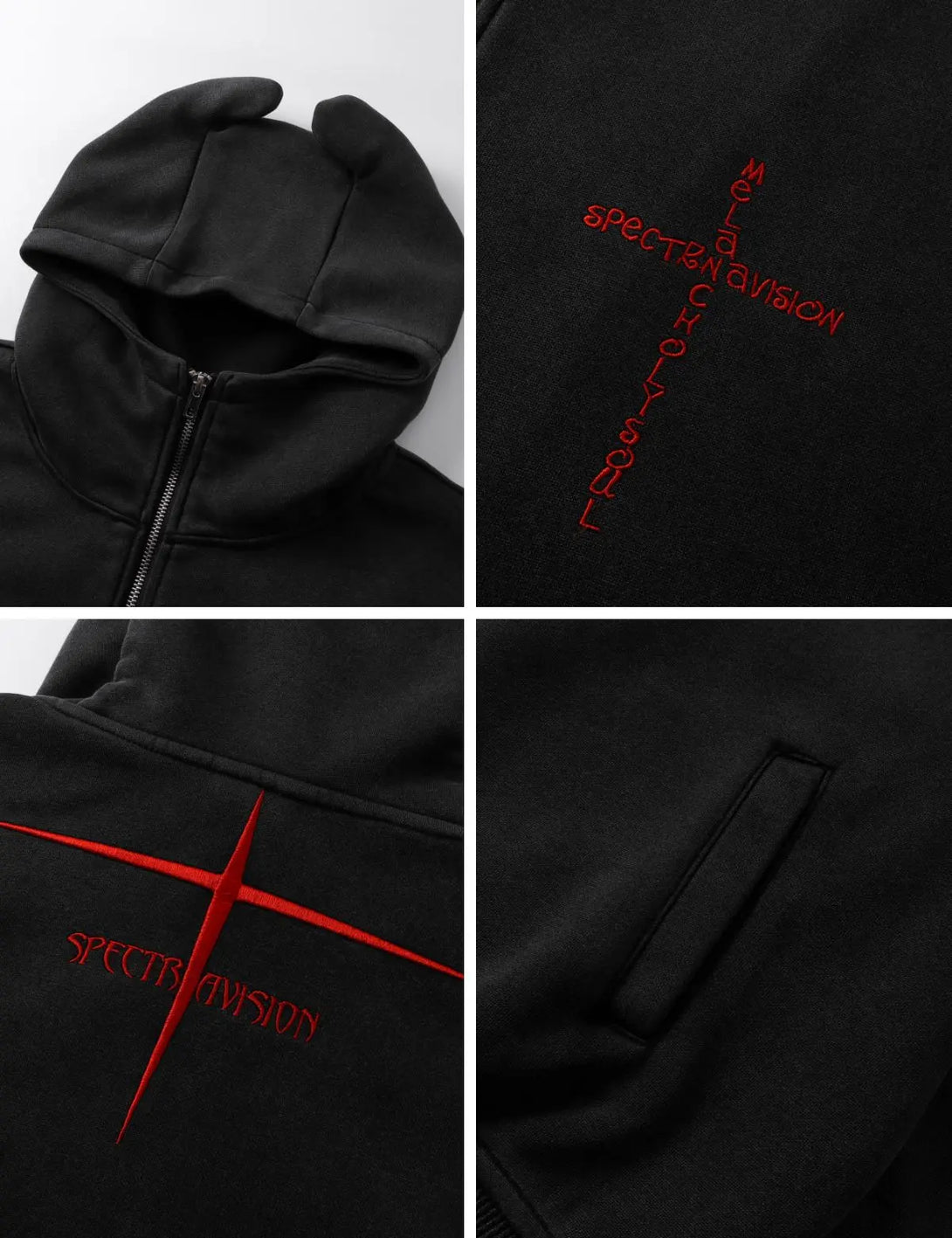 Fullneat Devil Horn Cross Embroidery Zip Hoodie 