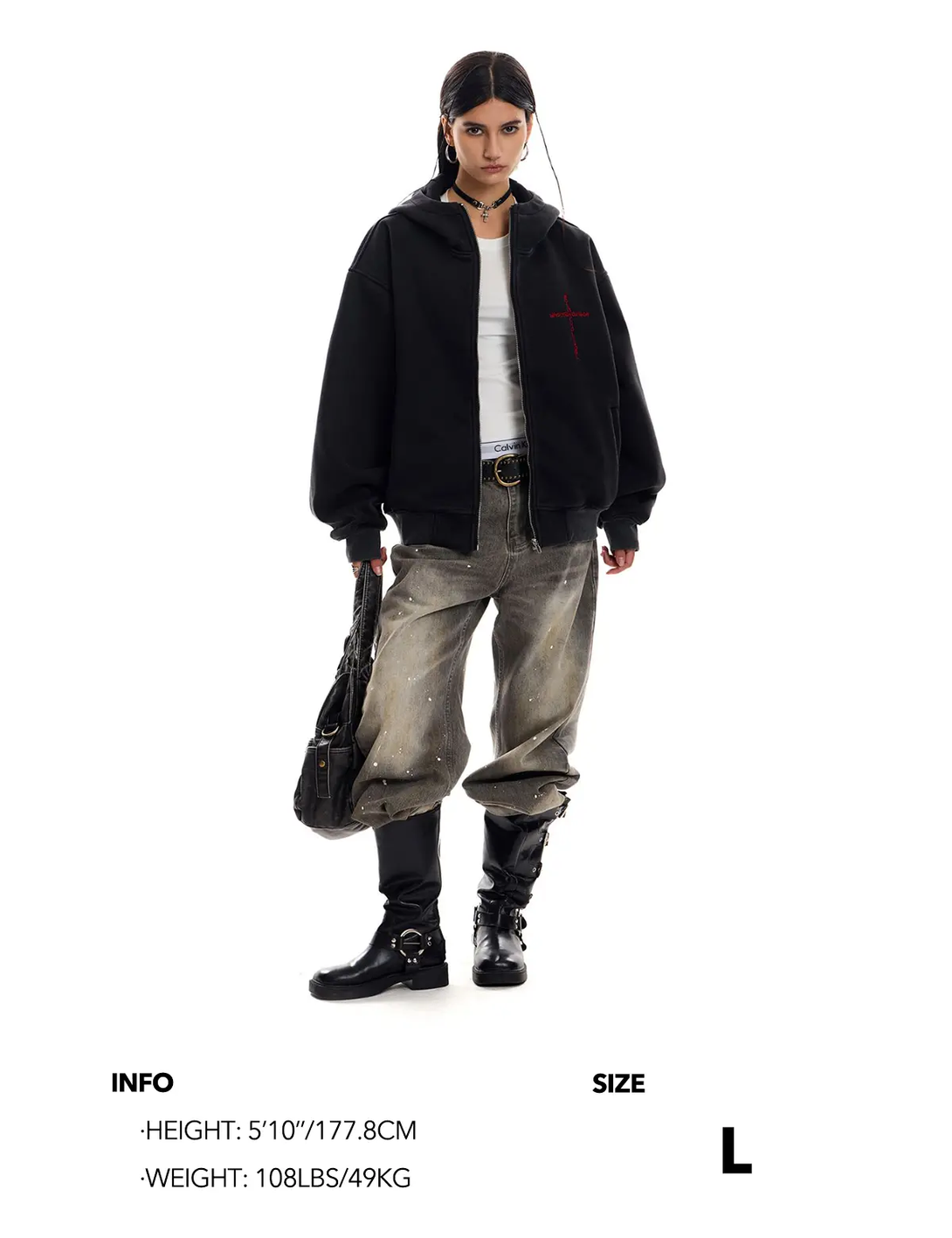 Fullneat Devil Horn Cross Embroidery Zip Hoodie 