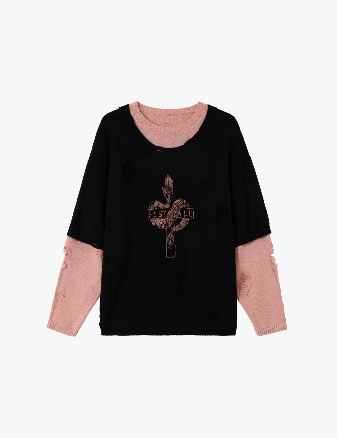 Fullneat Distressed Snake Graphic Knit Pullover 