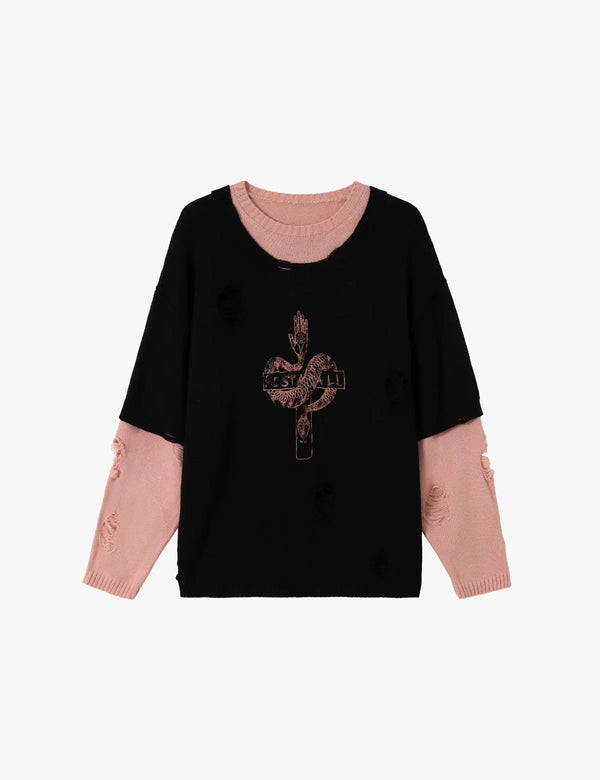 Fullneat Distressed Snake Graphic Knit Pullover 