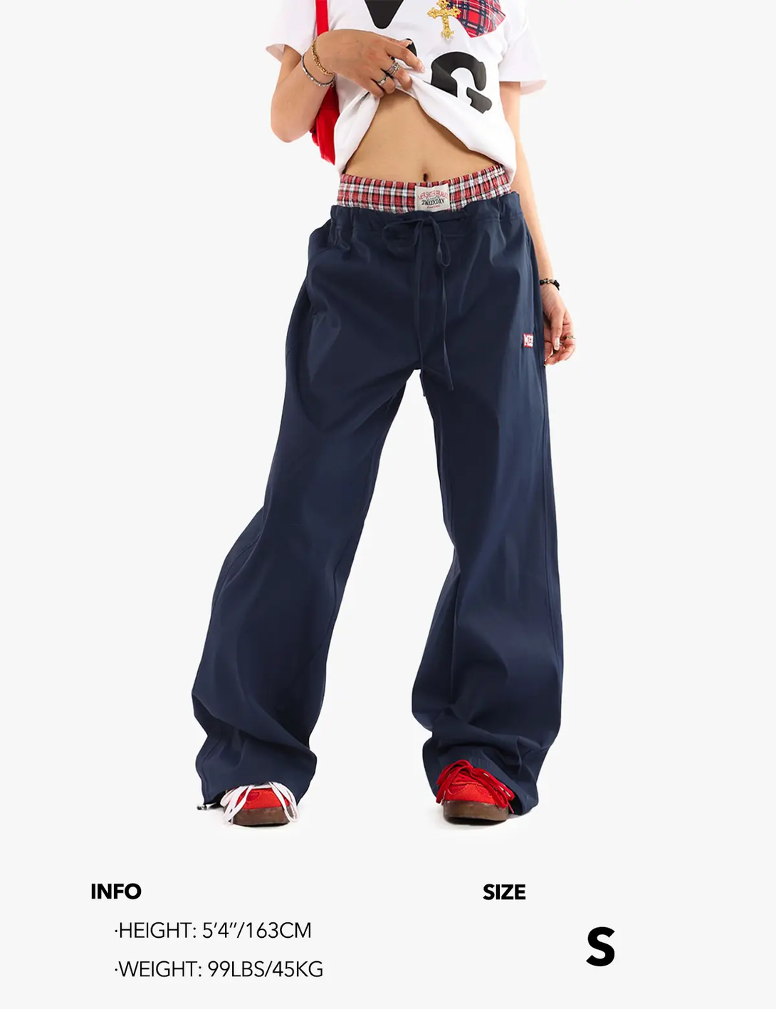 Fullneat Double Waist Plaid Stitch Casual Pants 