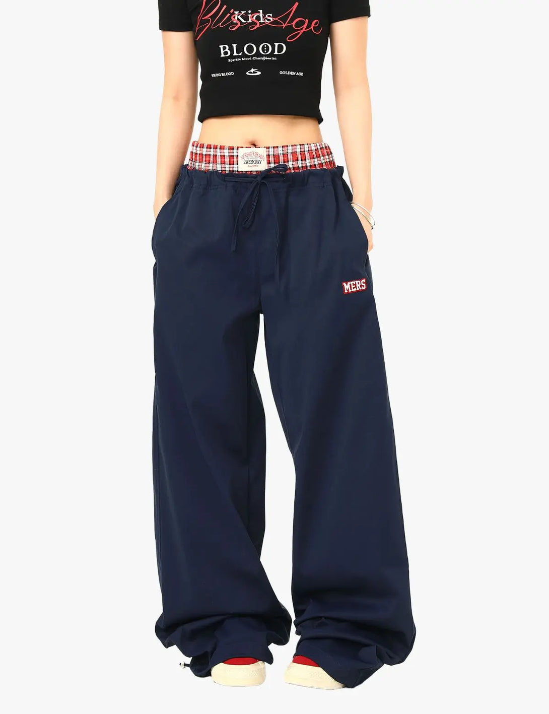 Fullneat Double Waist Plaid Stitch Casual Pants - Model Shown