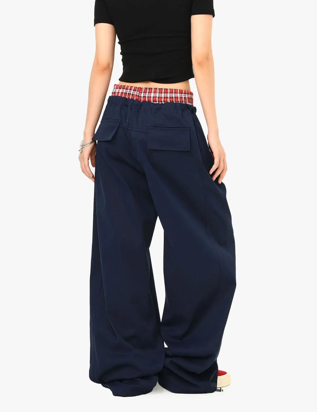Fullneat Double Waist Plaid Stitch Casual Pants - Model Shown