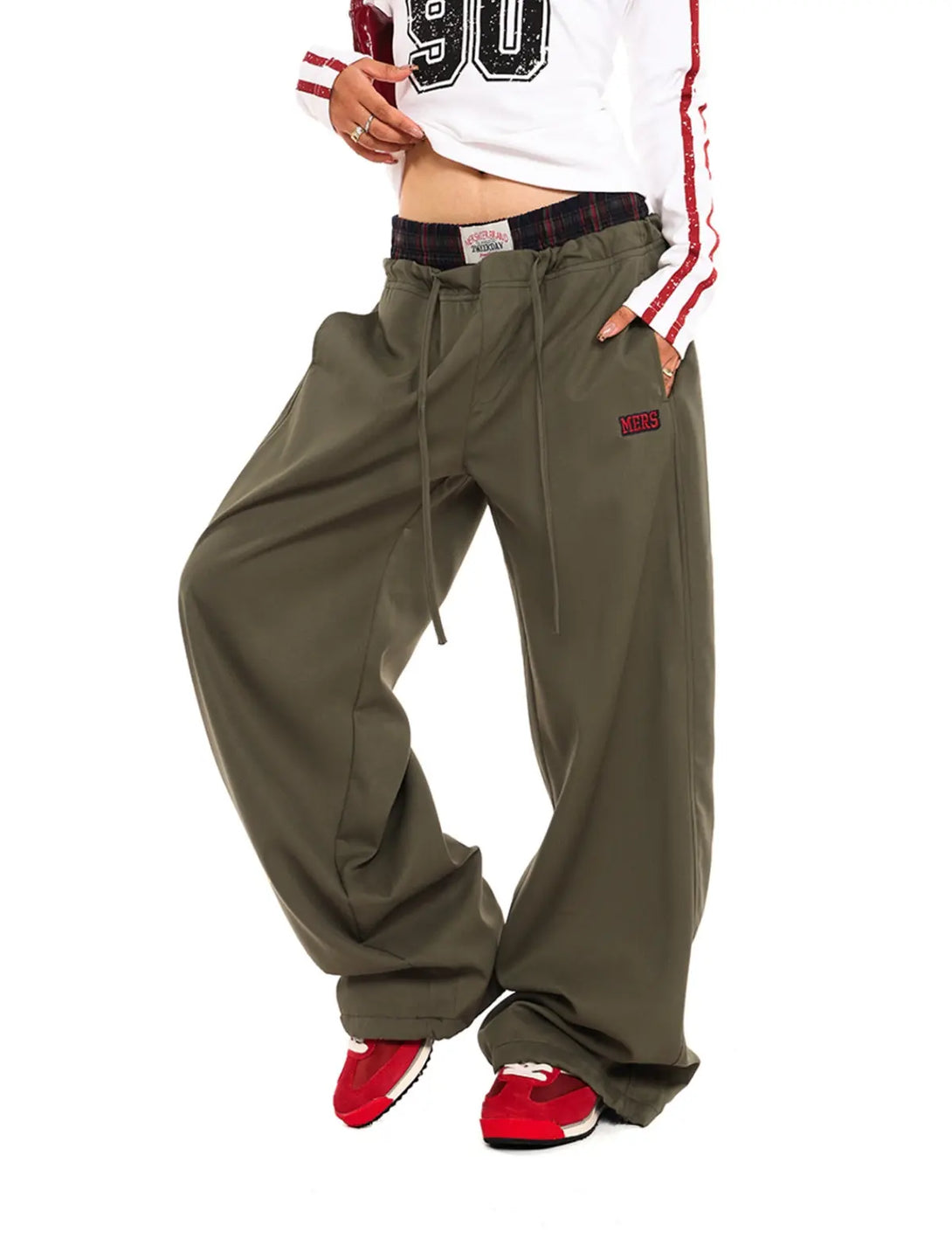 Fullneat Double Waist Plaid Stitch Casual Pants 