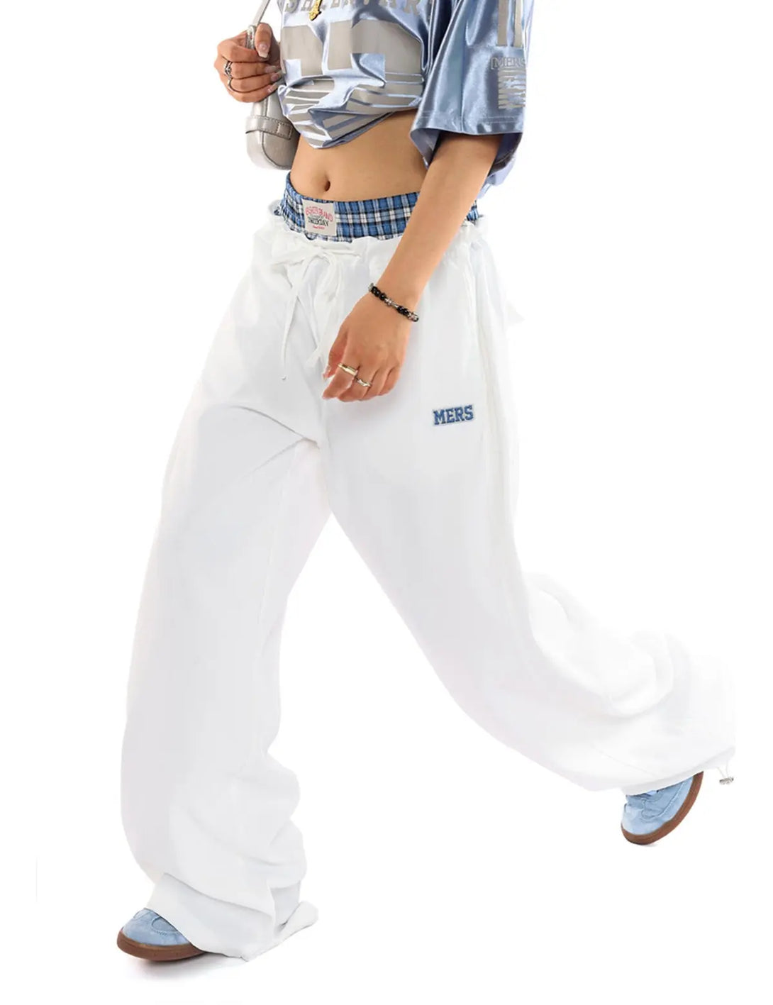 Fullneat Double Waist Plaid Stitch Casual Pants 