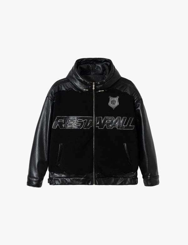 Fullneat Faux Leather Patchwork Hoodie Jacket 