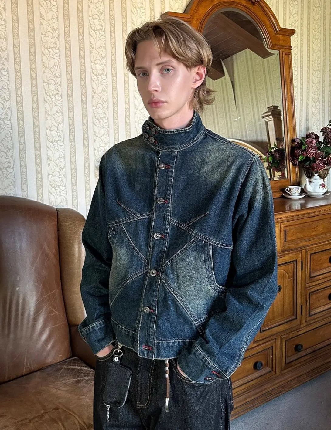 Fullneat High Collar Vintage Denim Jacket 