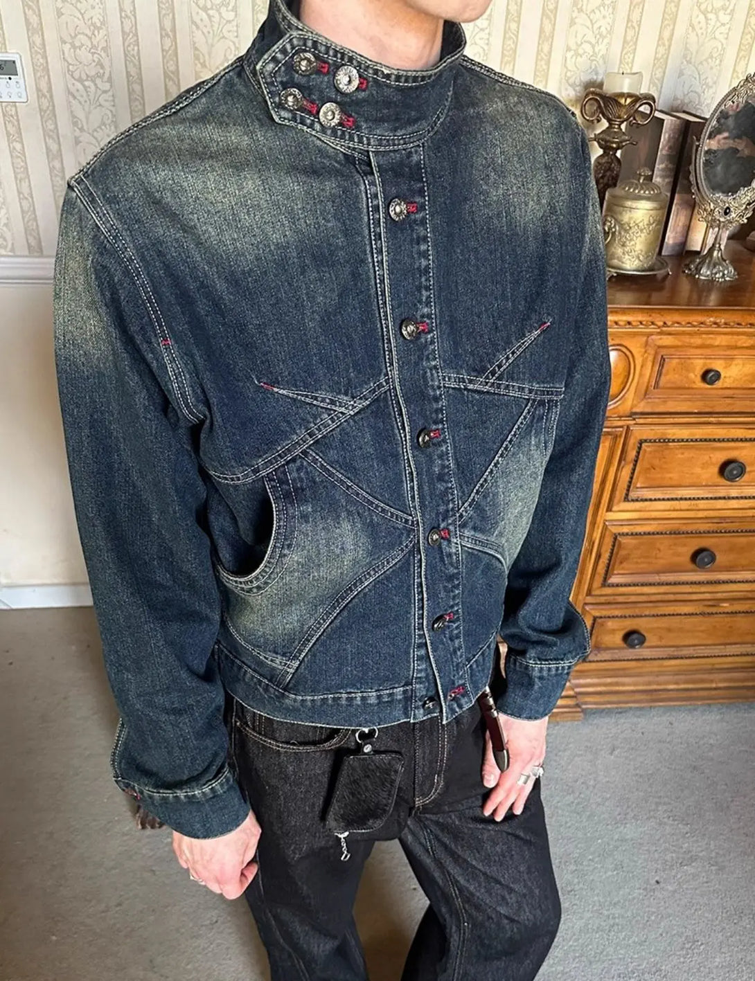 Fullneat High Collar Vintage Denim Jacket 