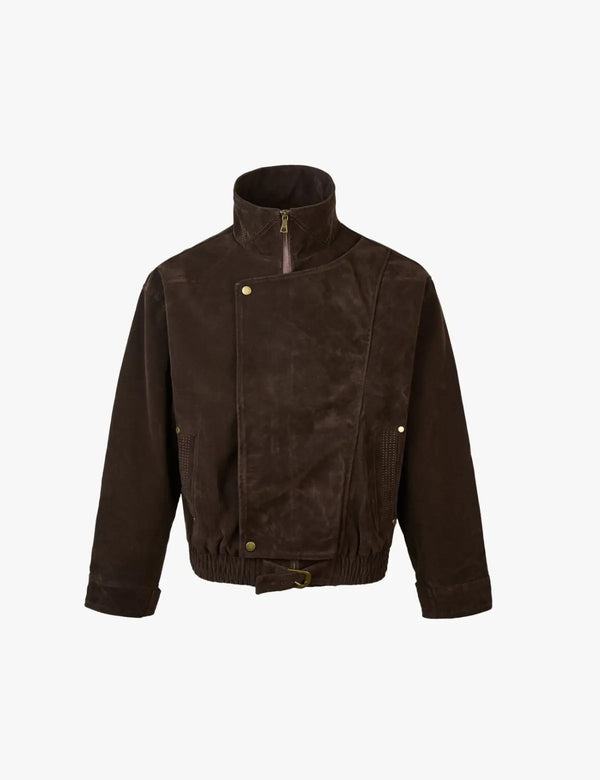 Fullneat High Neck Asymmetrical Zip Brown Suede Jacket 