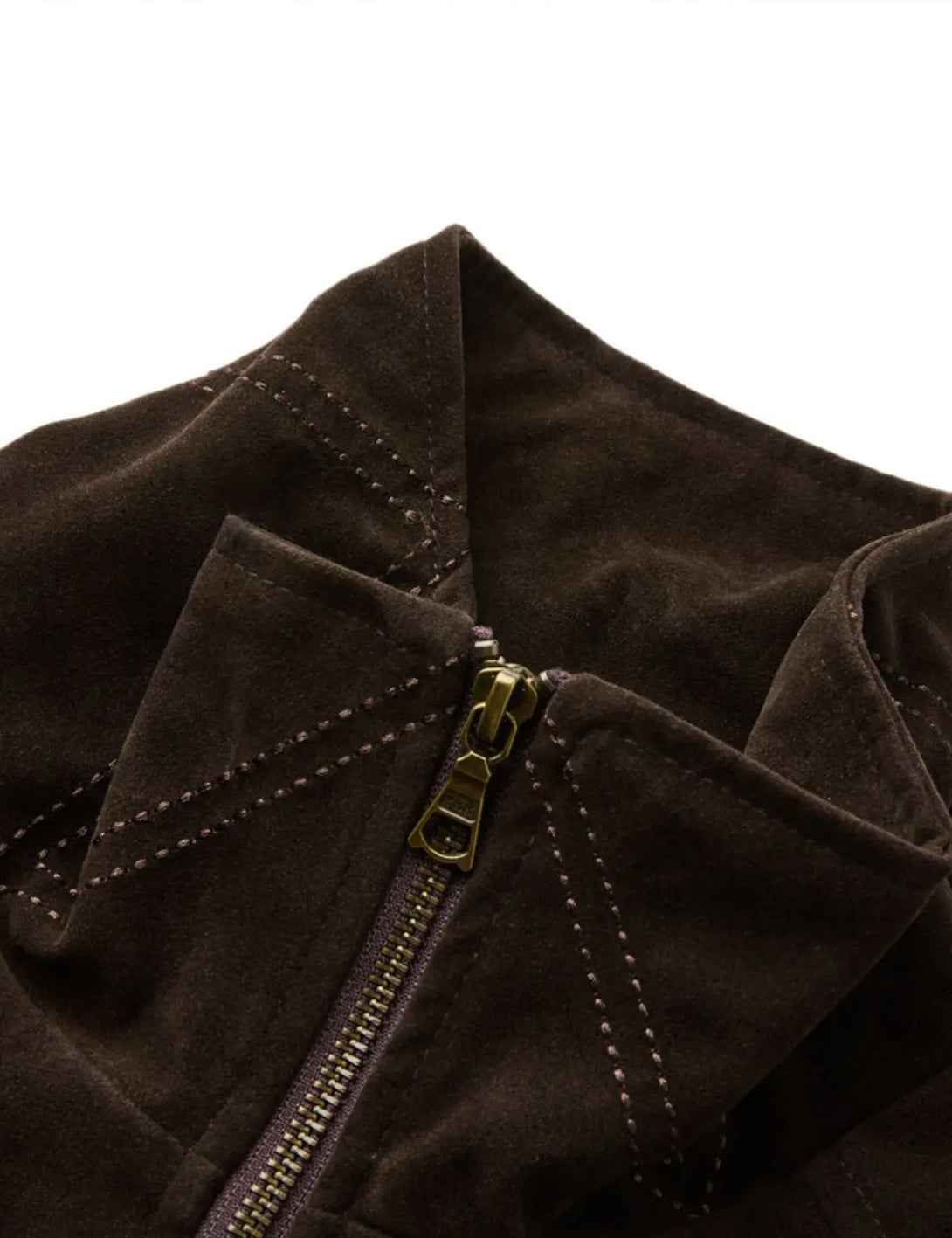 Fullneat High Neck Asymmetrical Zip Brown Suede Jacket 