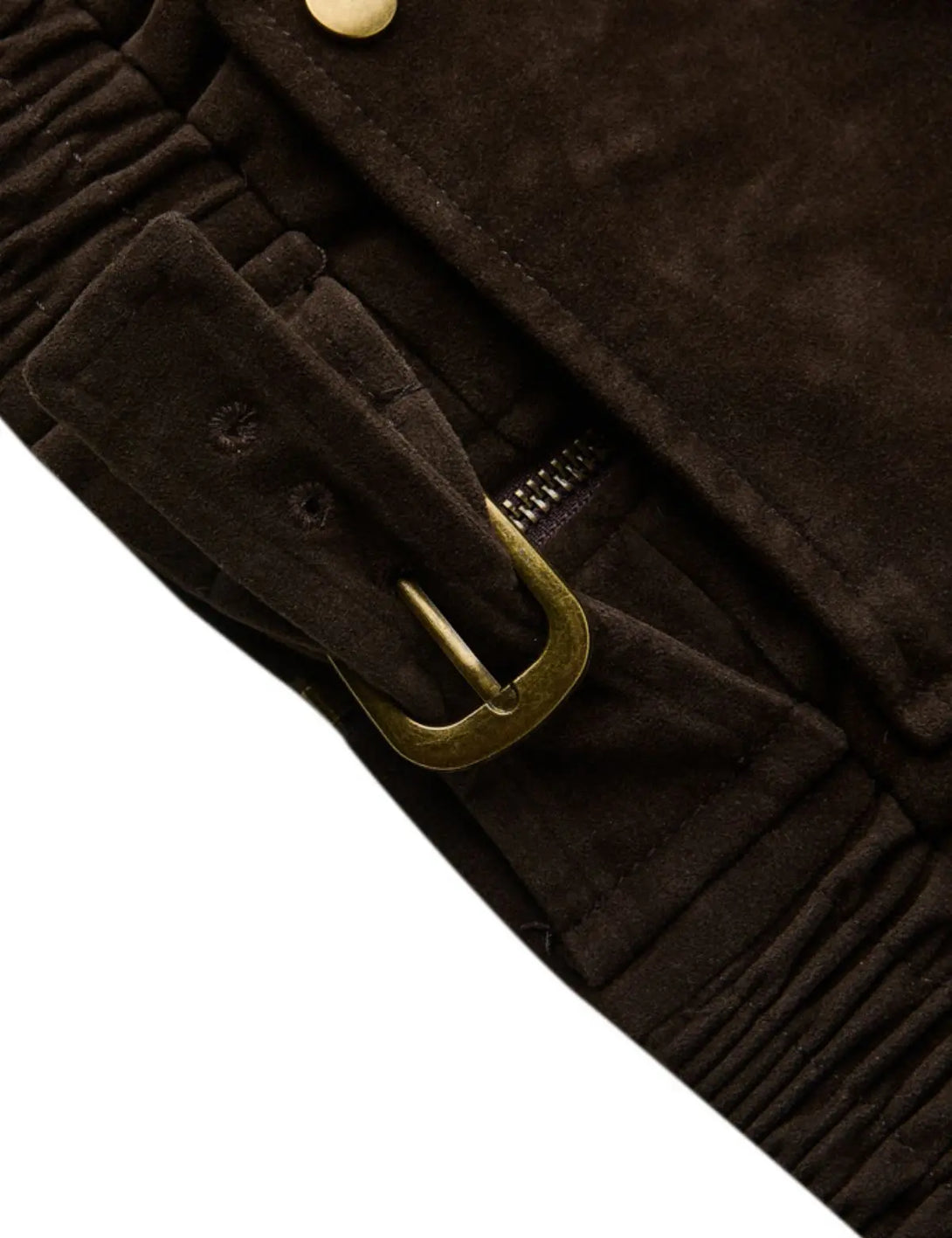 Fullneat High Neck Asymmetrical Zip Brown Suede Jacket 