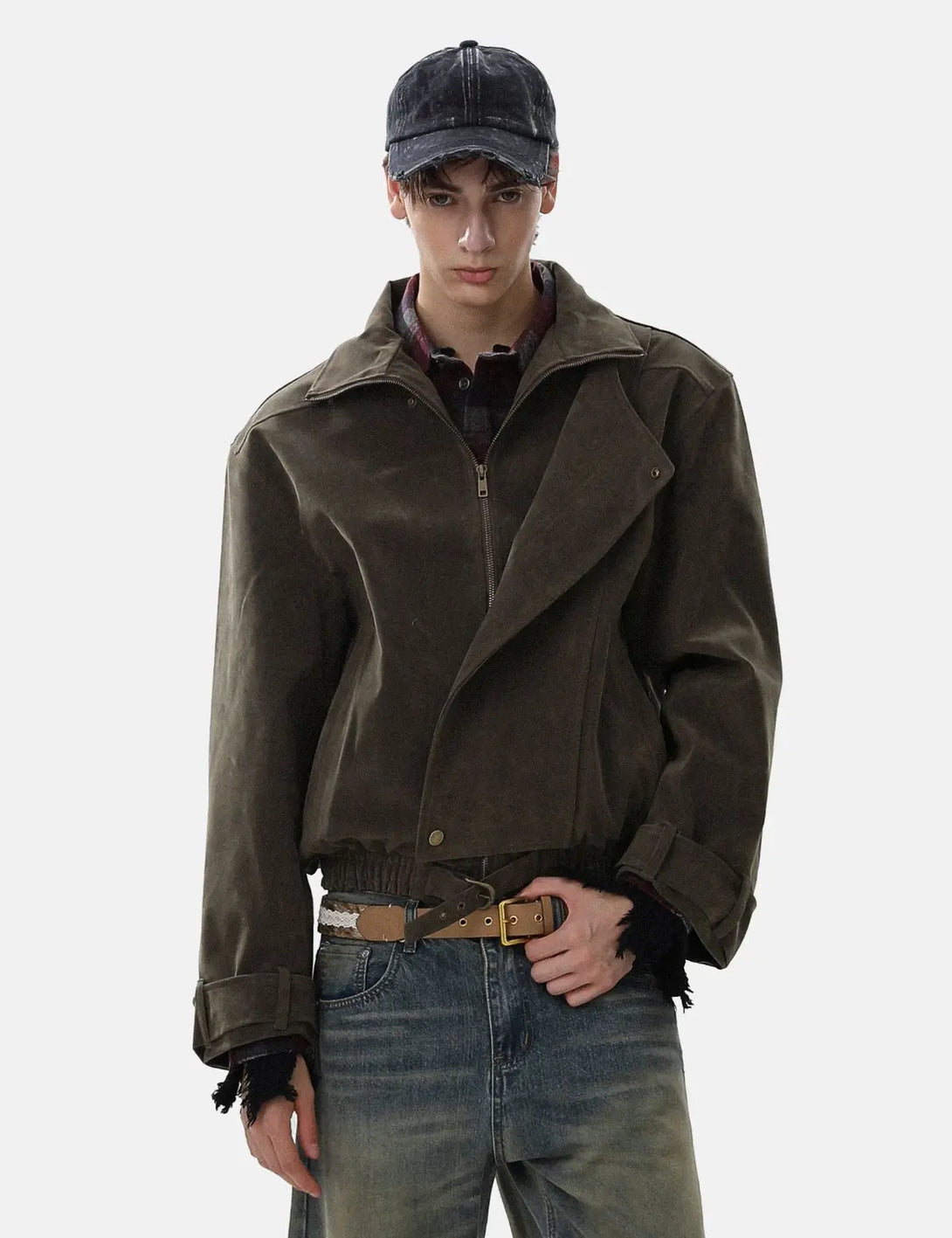 Fullneat High Neck Asymmetrical Zip Brown Suede Jacket 