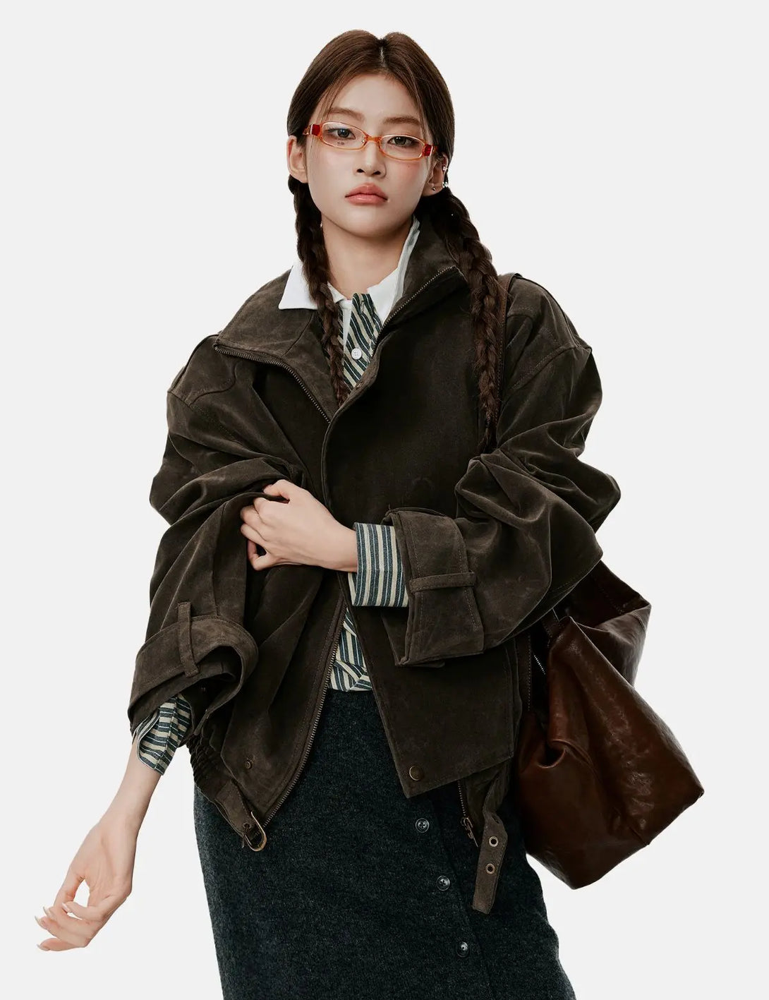 Fullneat High Neck Asymmetrical Zip Brown Suede Jacket 