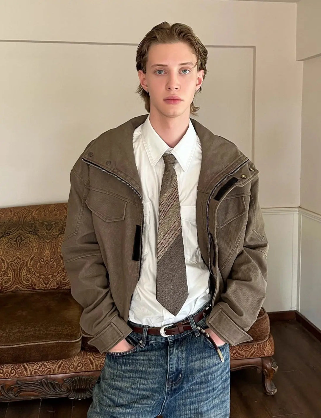 Fullneat High Neck Vintage Washed Utility Jacket 