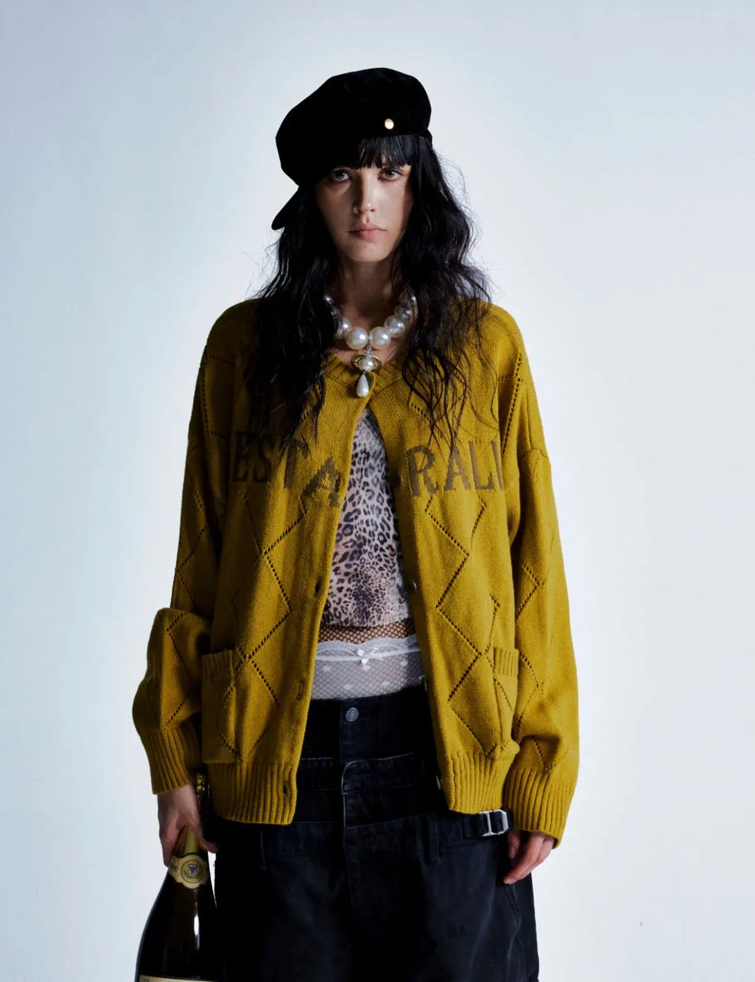 Fullneat Letter Graphic Diamond Knit Cardigan 