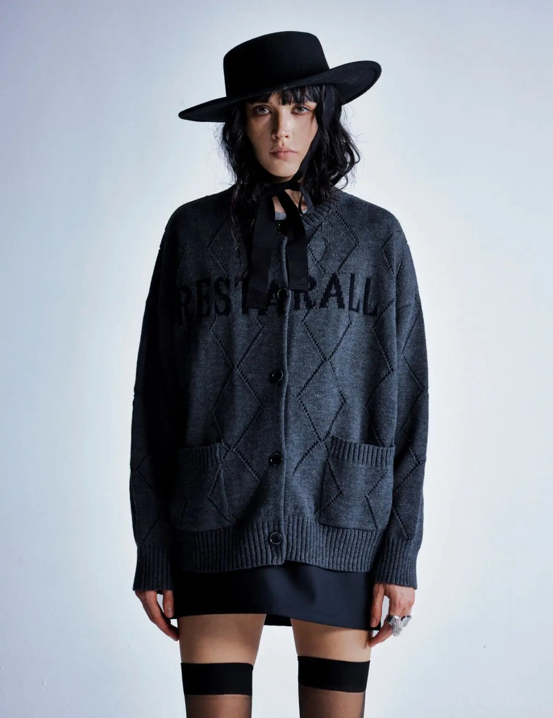 Fullneat Letter Graphic Diamond Knit Cardigan 