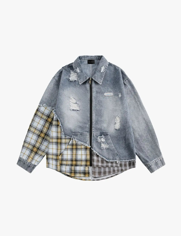 Fullneat Plaid Mixed Patchwork Denim Jacket 