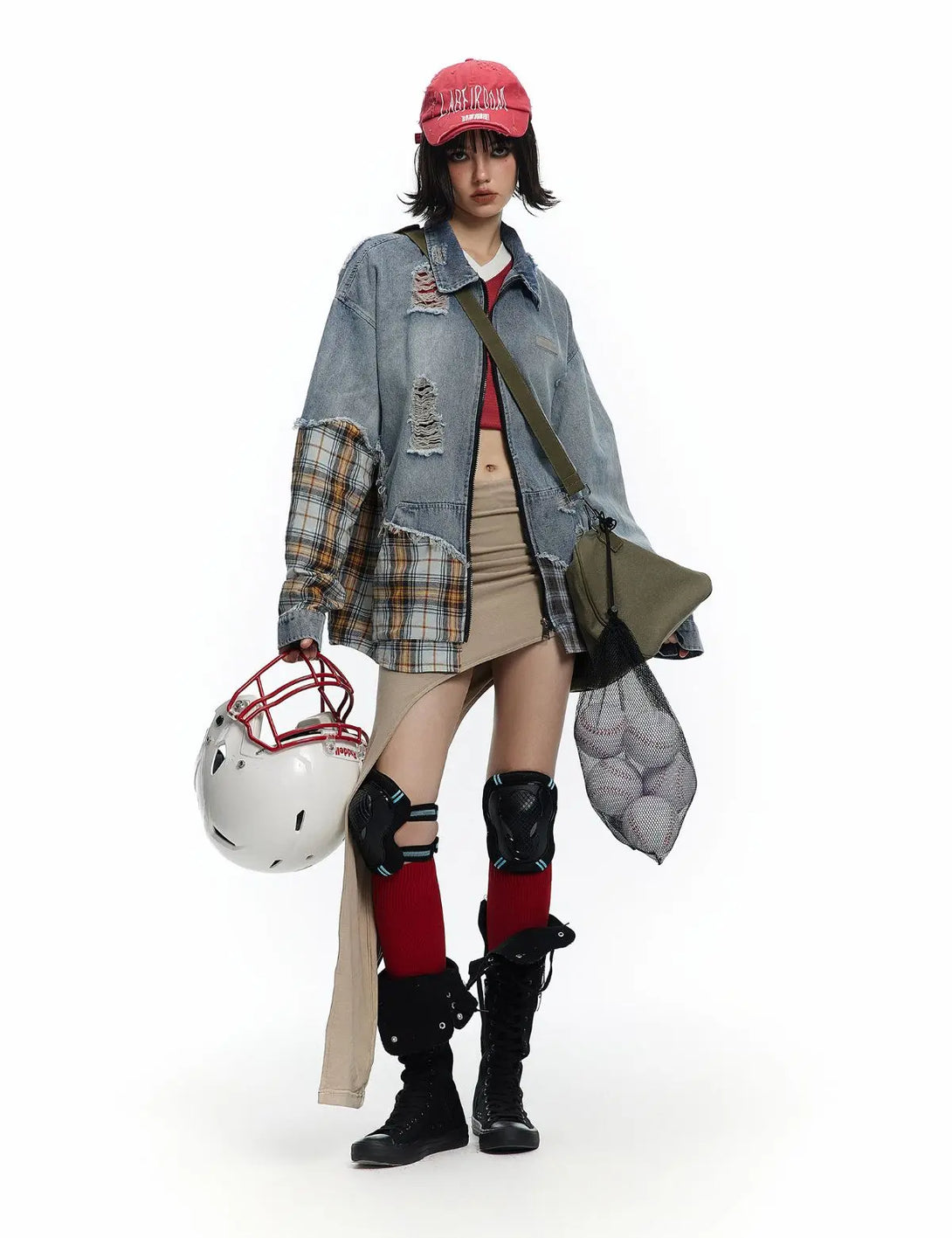 Fullneat Plaid Mixed Patchwork Denim Jacket 