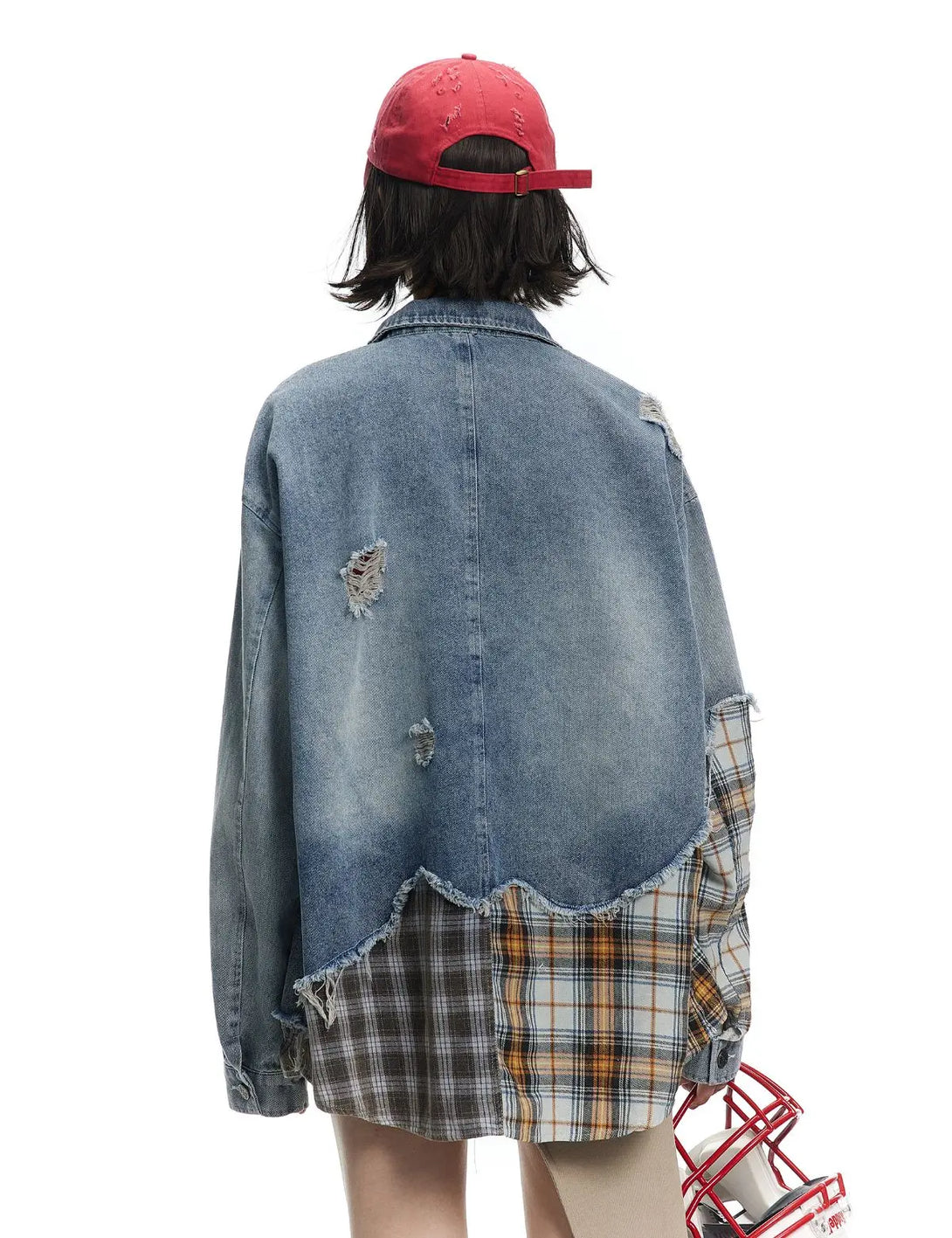 Fullneat Plaid Mixed Patchwork Denim Jacket 
