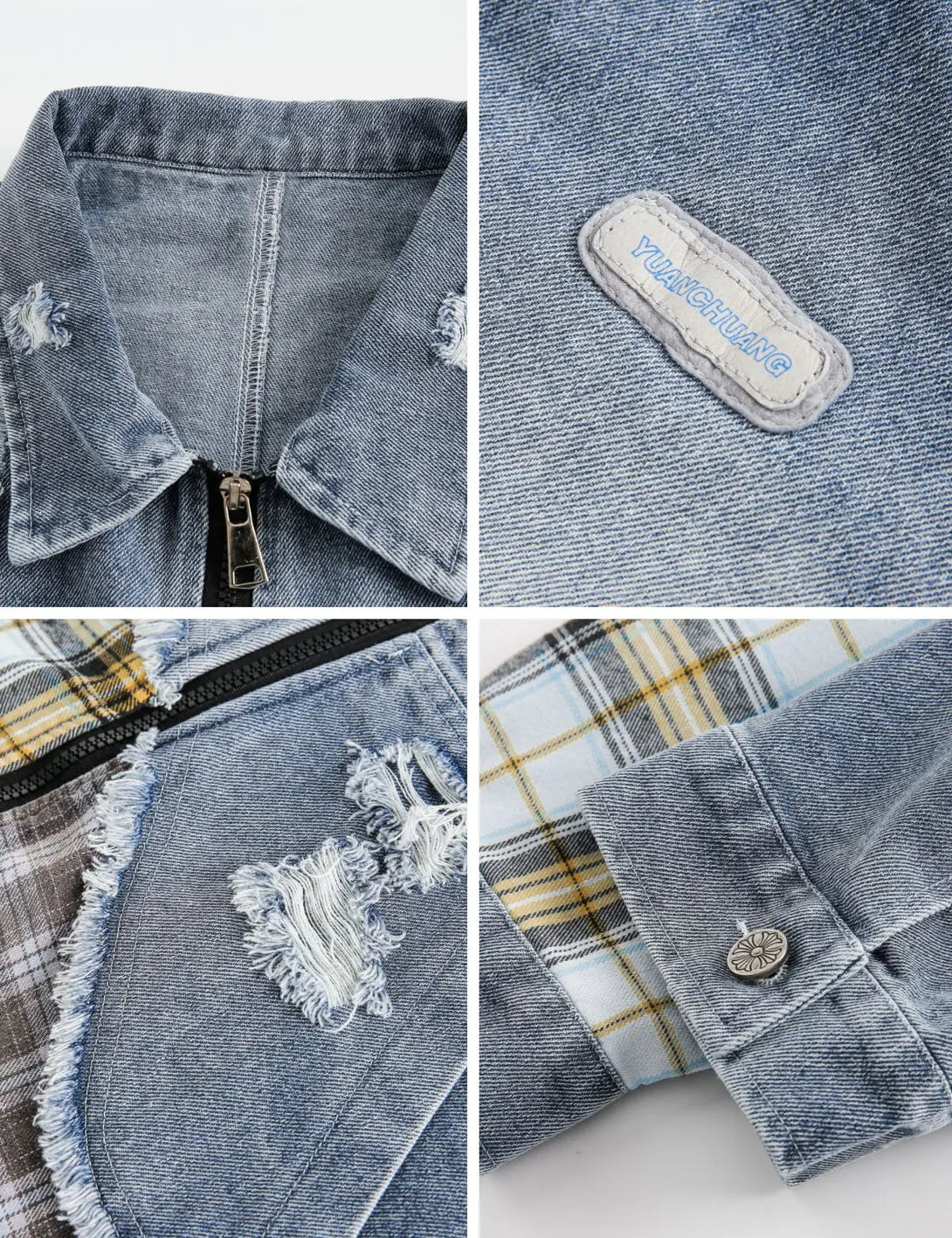 Fullneat Plaid Mixed Patchwork Denim Jacket 
