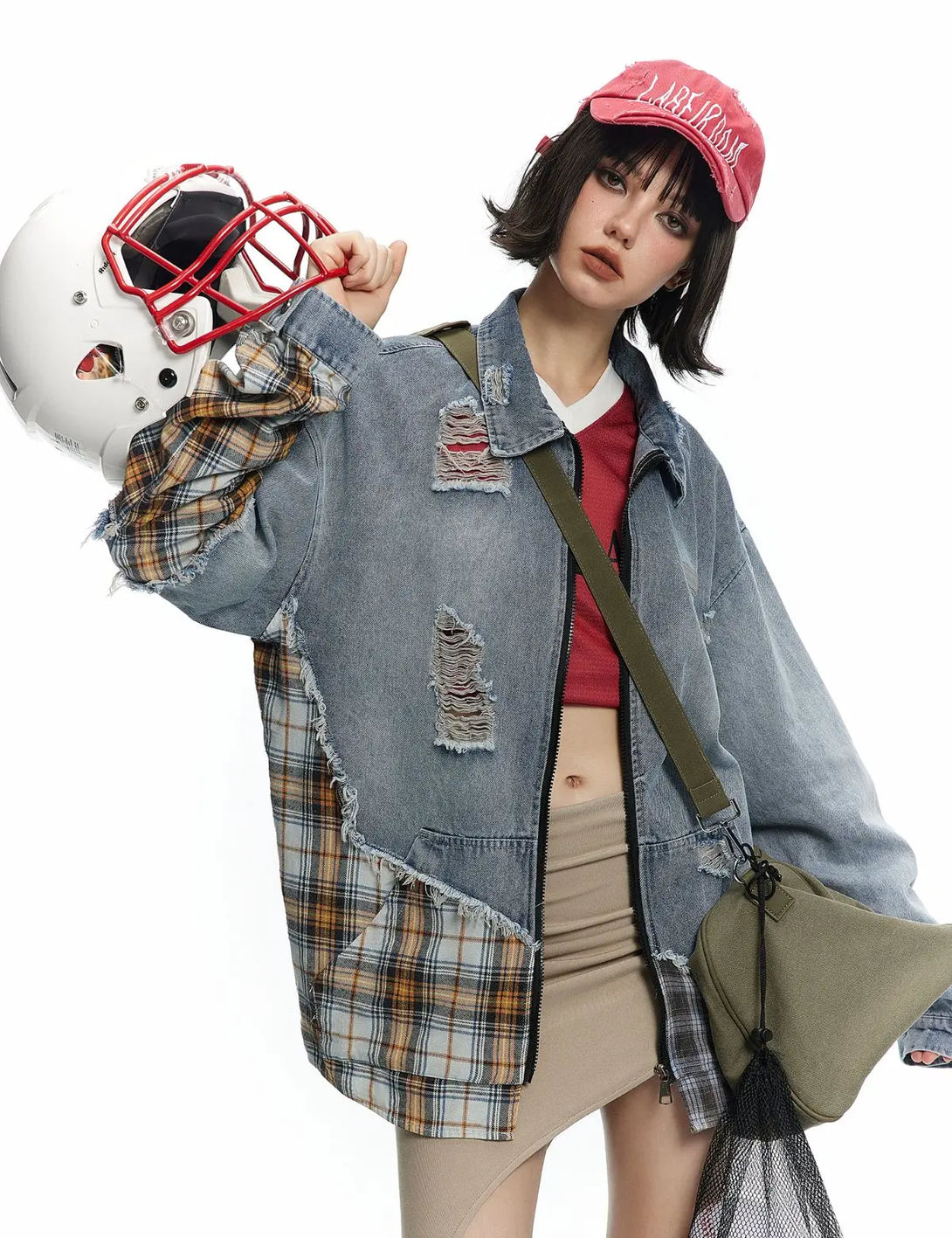 Fullneat Plaid Mixed Patchwork Denim Jacket 