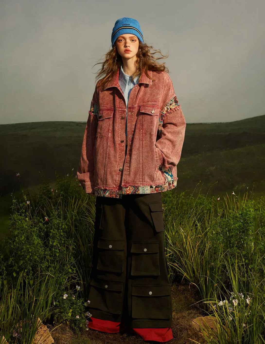 Fullneat Red Patchwork Washed Denim Jacket 