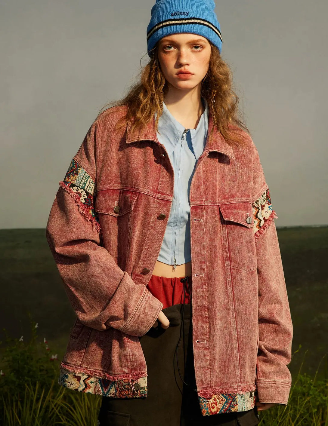 Fullneat Red Patchwork Washed Denim Jacket 