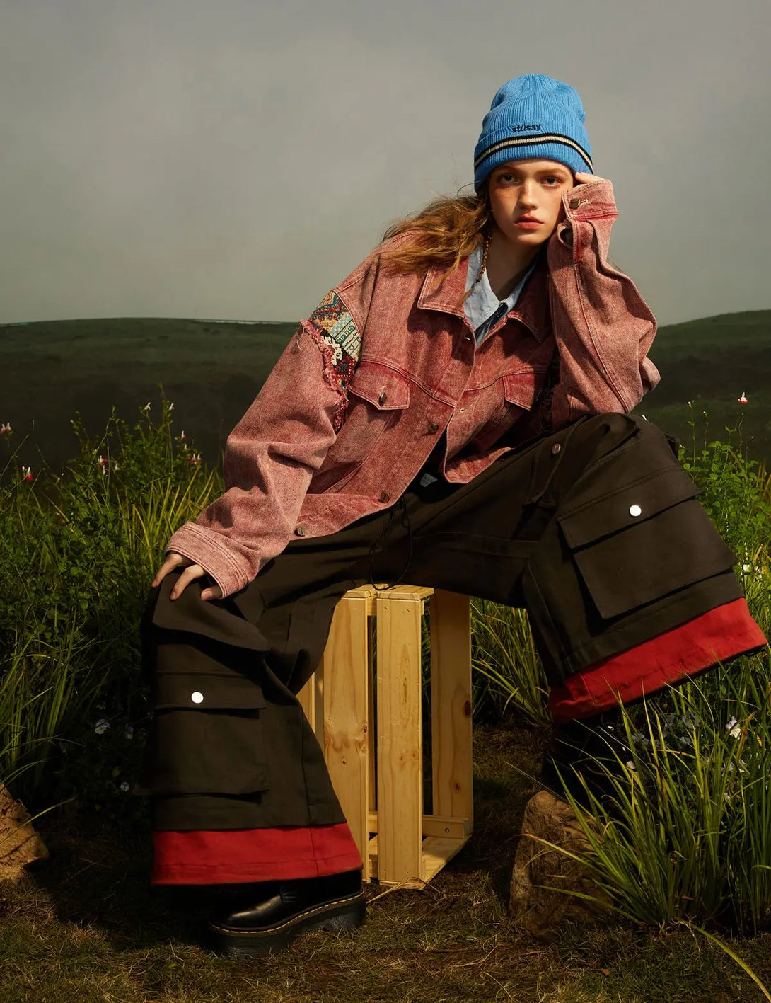 Fullneat Red Patchwork Washed Denim Jacket 