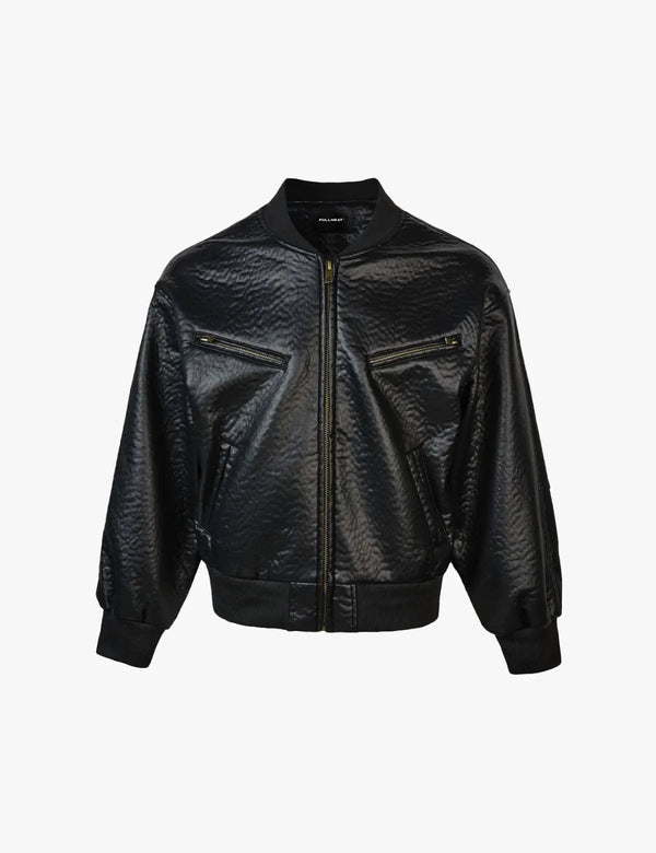 Fullneat Ribbed Hem Faux Leather Bomber Jacket 
