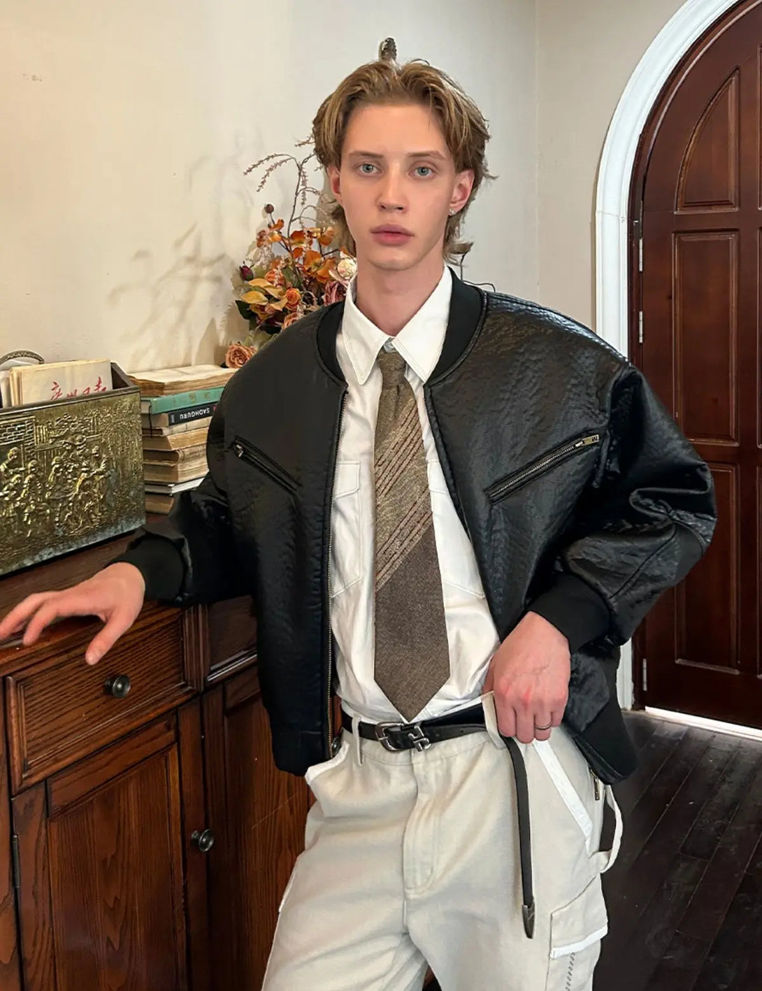 Fullneat Ribbed Hem Faux Leather Bomber Jacket 