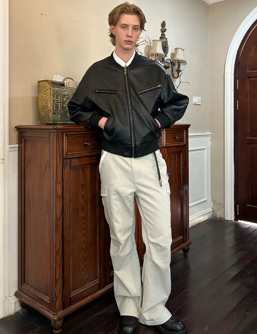 Fullneat Ribbed Hem Faux Leather Bomber Jacket 