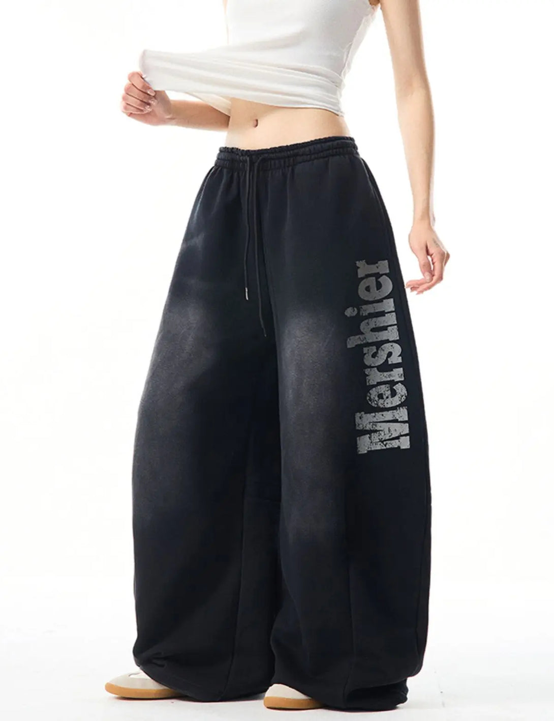 Fullneat Side Graphic Acid Wash Wide Leg Pants 