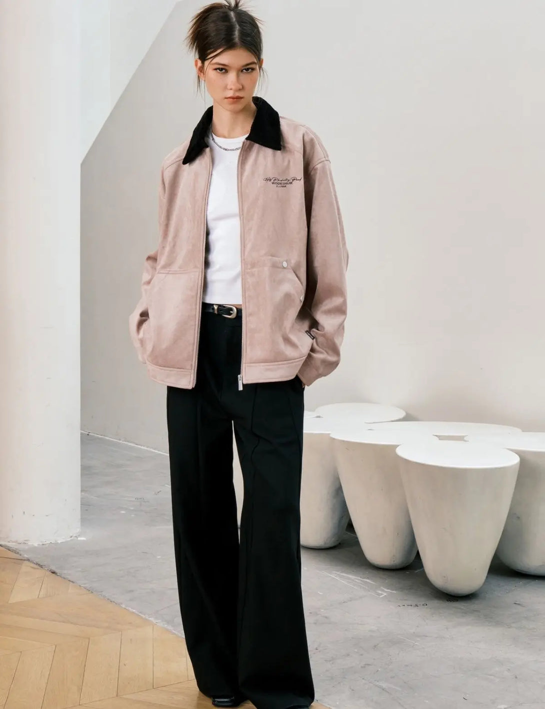 Fullneat Suede Leather Letter Graphic Jacket - Model Shown