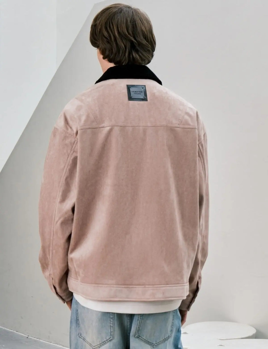 Fullneat Suede Leather Letter Graphic Jacket - Model Shown
