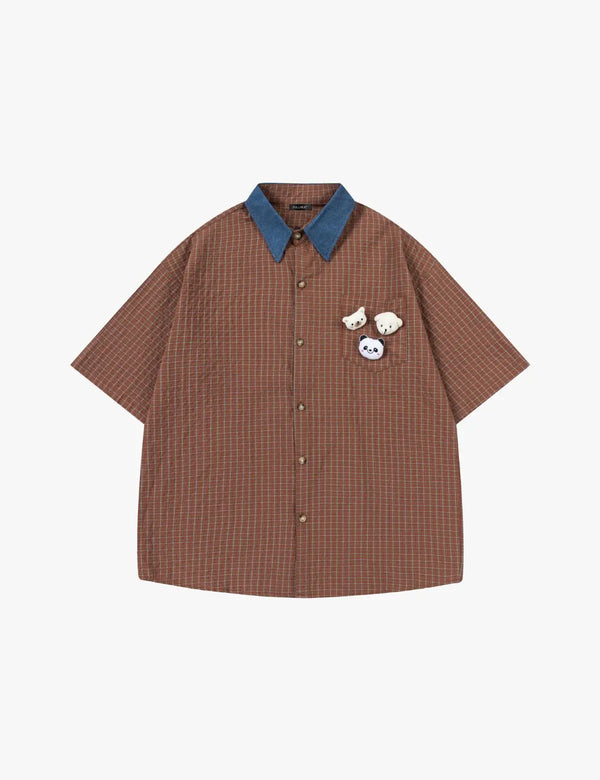 Fullneat Vintage Bear Pocket Plaid Shirt - Orange Red