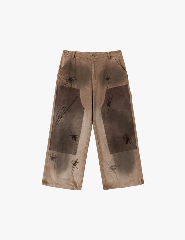 Fullneat Vintage Brown Wide-Leg Patchwork Pants