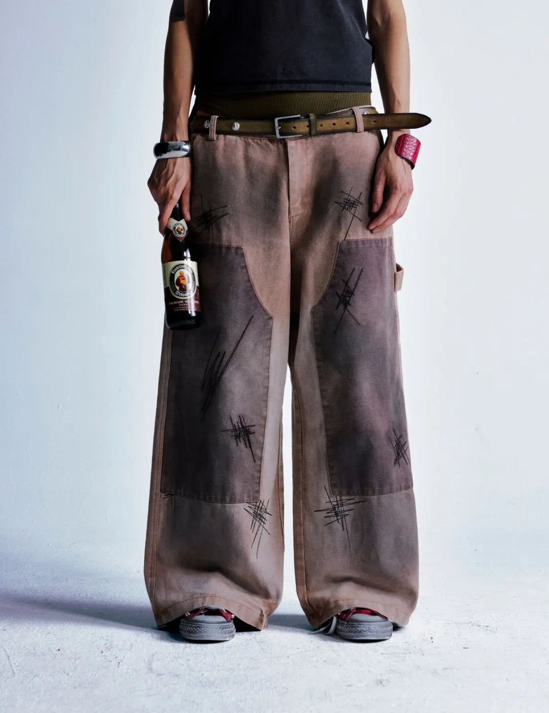 Fullneat Vintage Brown Wide-Leg Patchwork Pants